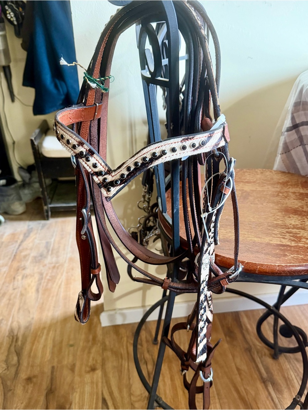 Zebra striped cowhide hair-on with black crystal Headstall &  Breastcollar